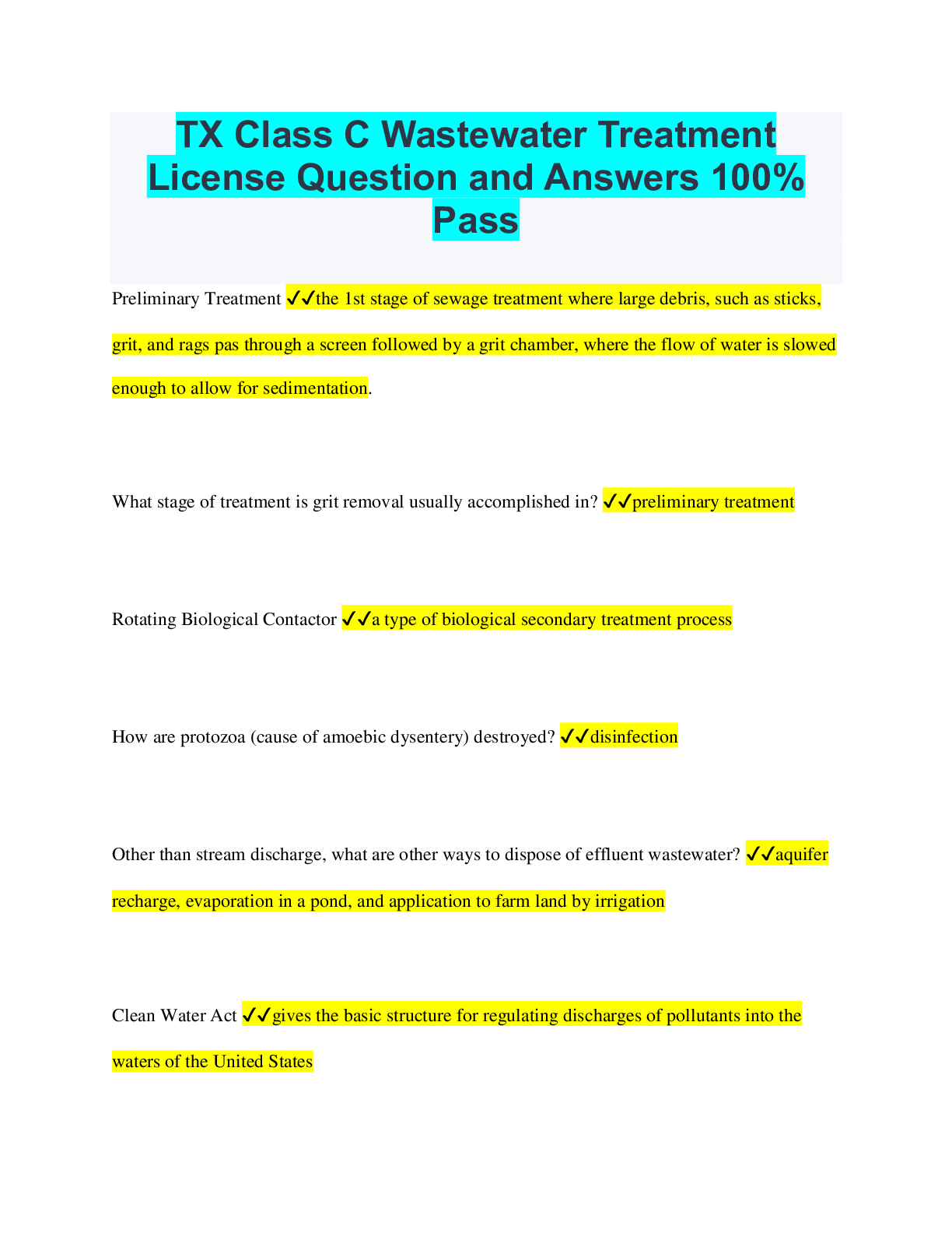 TX Class C Wastewater Treatment License Question and Answers 100 Pass